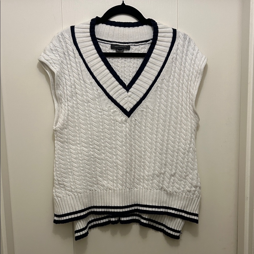 French Connection White Cable Knit Vest with Navy Trim